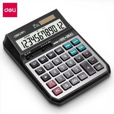 得力(deli) 赋值功能桌面计算器 双电源供能 12位宽屏显示 带拨动开关 银色1566