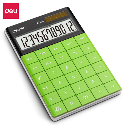 得力(deli)双电源时尚计算器 轻薄机身平板按键桌面计算机 办公用品 绿色