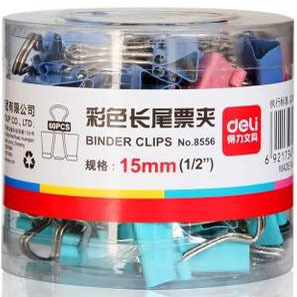 得力长尾票夹 8556票夹 彩色长尾夹 15mm 燕尾夹（60筒装/小号）